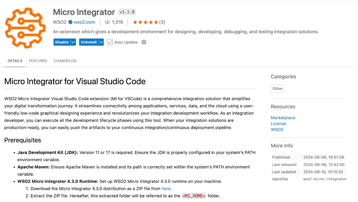 WSO2 Micro Integrator extension under VS Code extensions
